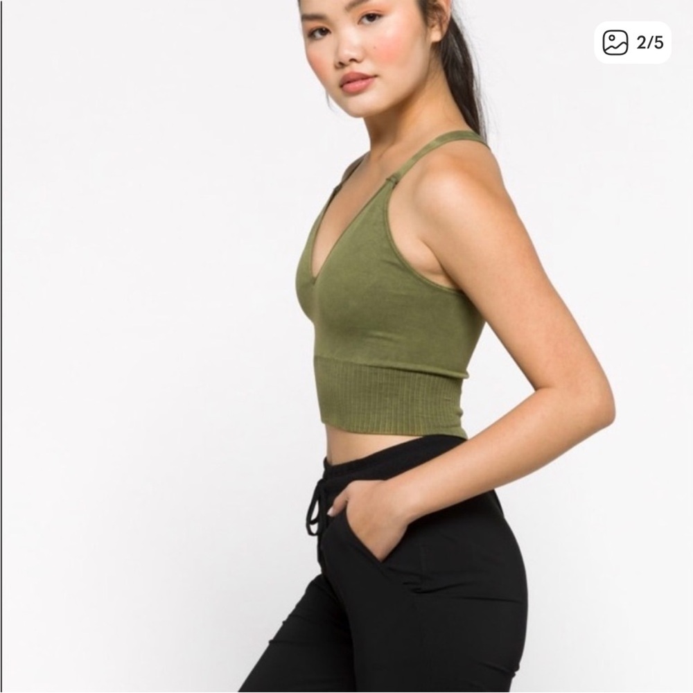 Free People Movement Good Karma Olive Ribbed V-Neck Cropped Tank